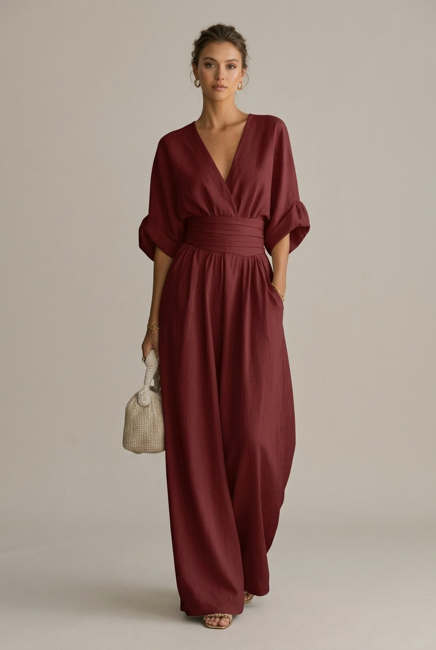 Women’s Wide Leg Jumpsuit with V-Neck and Three-Quarter Sleeves 0