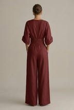 Women’s Wide Leg Jumpsuit with V-Neck and Three-Quarter Sleeves 1