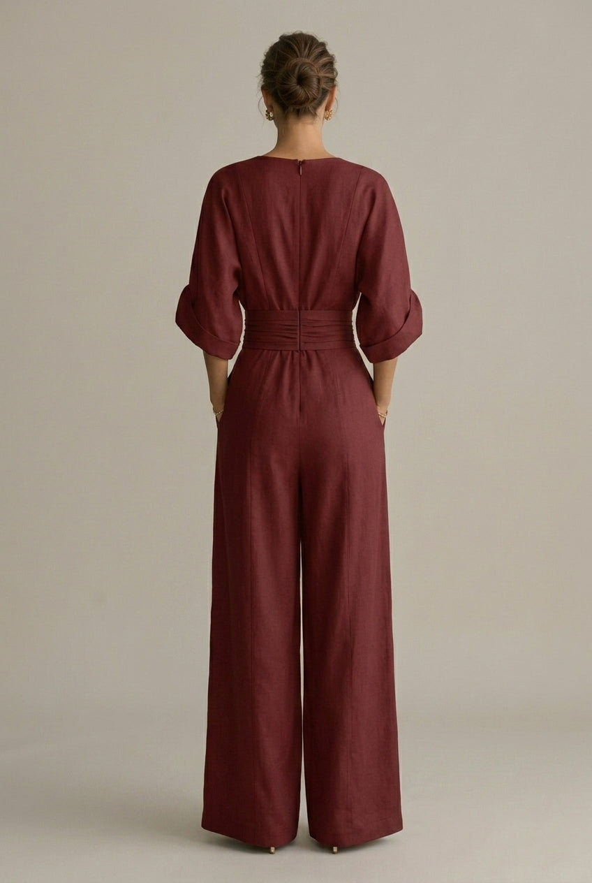 Women’s Wide Leg Jumpsuit with V-Neck and Three-Quarter Sleeves 1