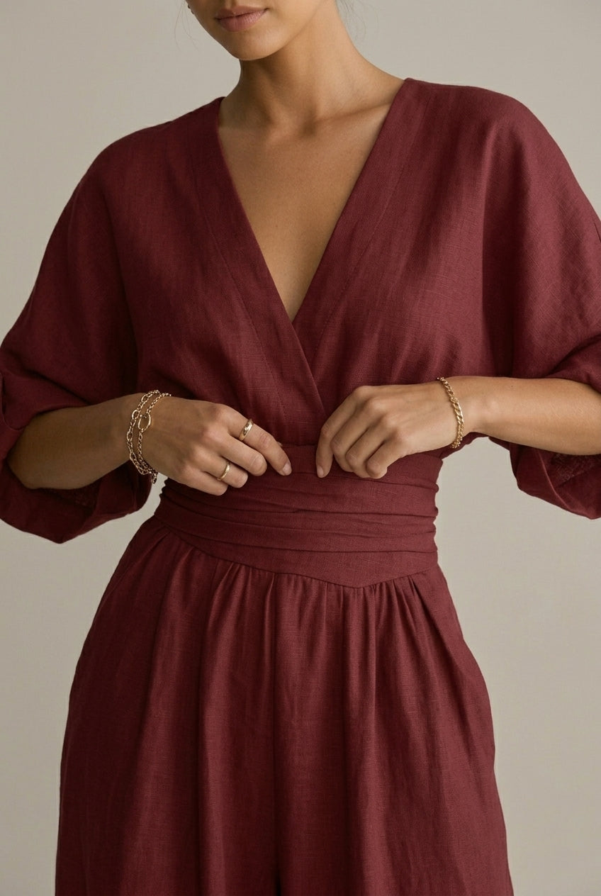 Women’s Wide Leg Jumpsuit with V-Neck and Three-Quarter Sleeves 2