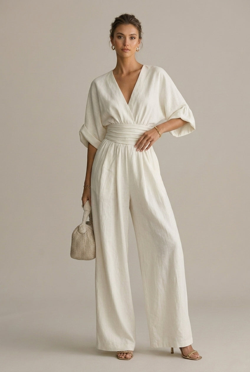 Women’s Wide Leg Jumpsuit with V-Neck and Three-Quarter Sleeves 3