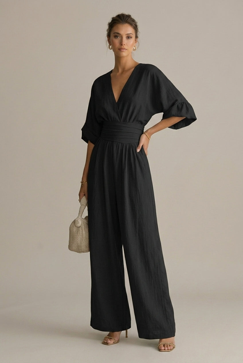 Women’s Wide Leg Jumpsuit with V-Neck and Three-Quarter Sleeves 4