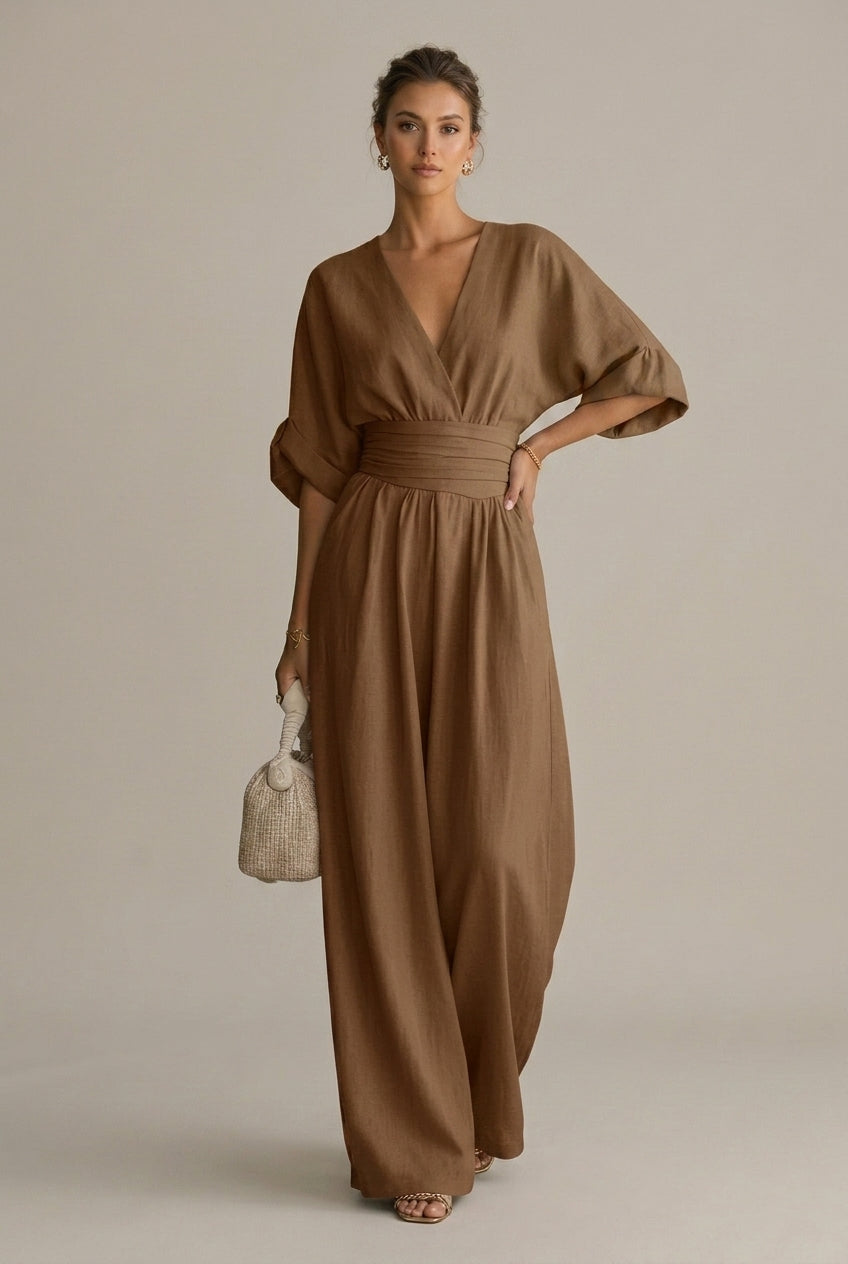 Women’s Wide Leg Jumpsuit with V-Neck and Three-Quarter Sleeves 5