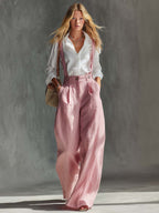 Women’s Wide Leg Overalls in Soft Pink with Adjustable Straps and Side Pockets 2
