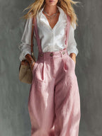 Women’s Wide Leg Overalls in Soft Pink with Adjustable Straps and Side Pockets 3