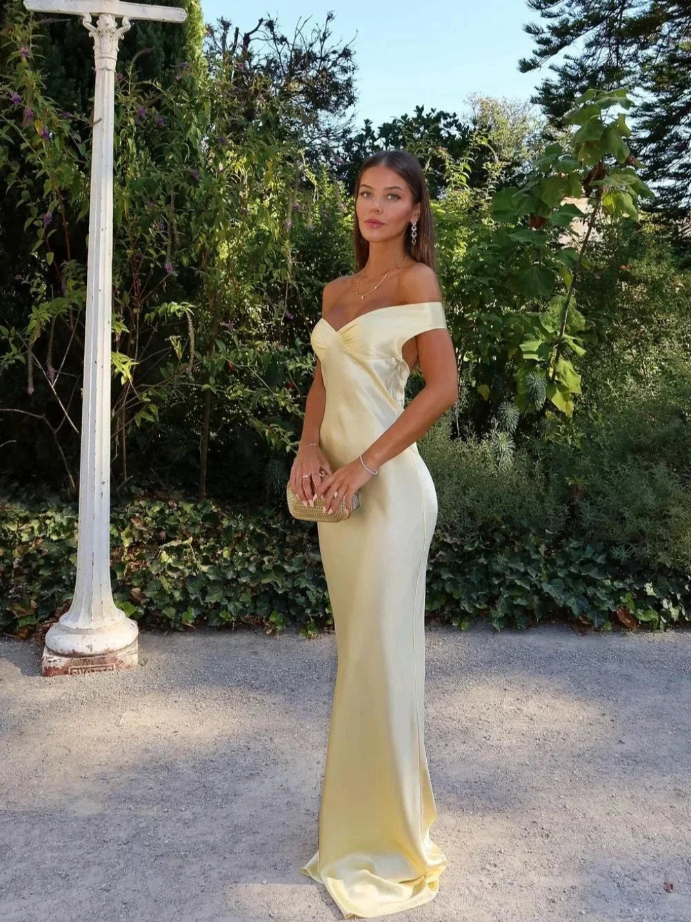 Yara Women's Maxi Dress | Satin Off-the-Shoulder, Elegant Yellow 0