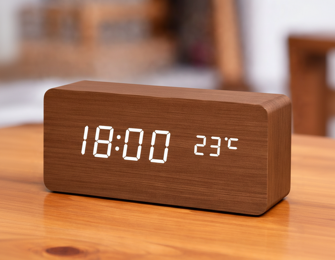 LED Smart Alarm Clock with Voice Control, Temperature Display, Adjustable Brightness – Modern Wooden Digital Clock
